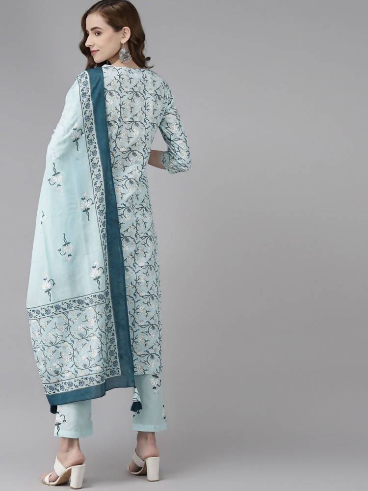 Yufta Women Blue & White Floral Printed Pure Cotton Kurta with Trouser & Dupatta | Grocsy