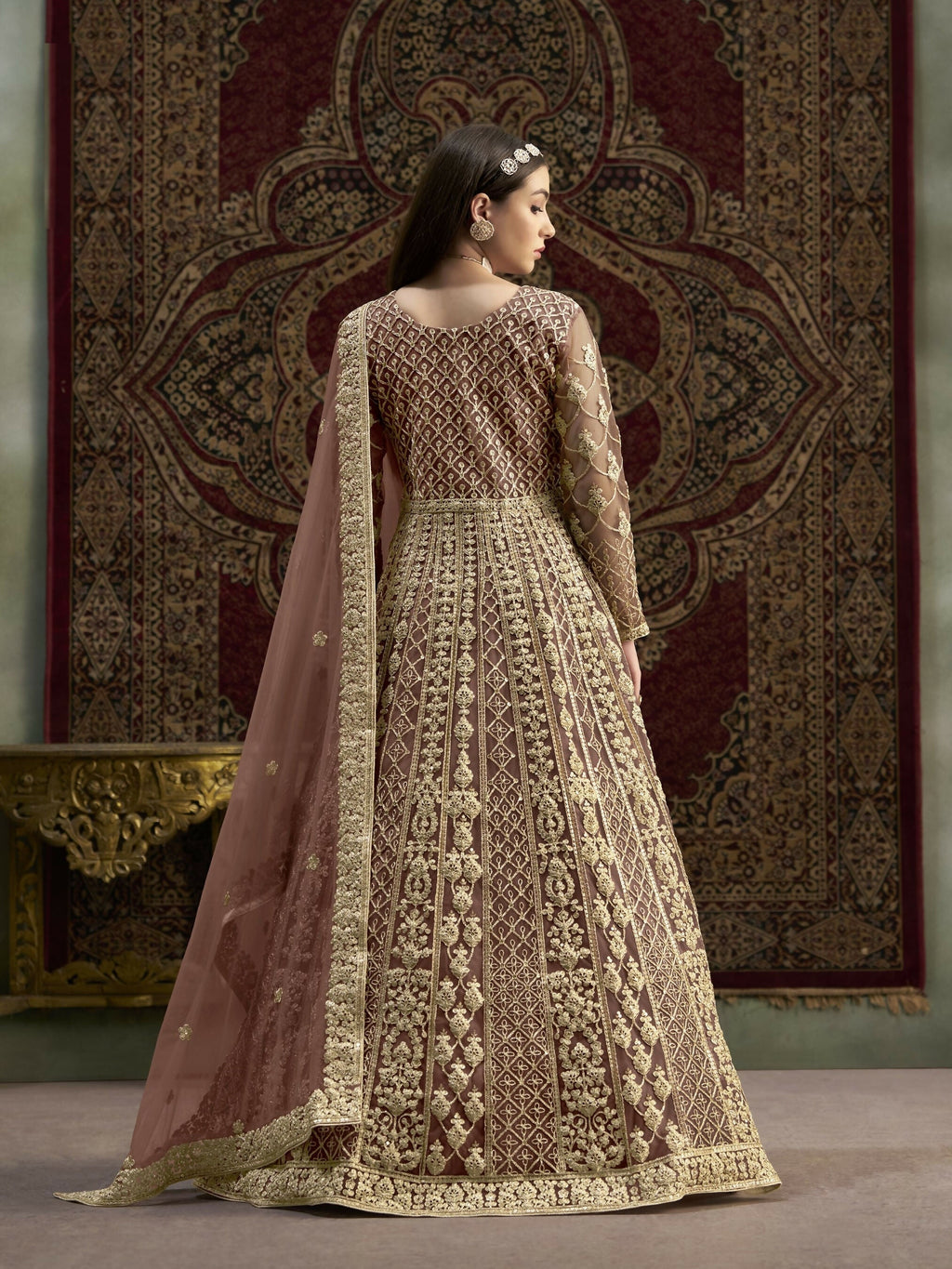 Anaita Coffee Embroidered Net Anarkali Suit | Grocsy