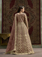 Anaita Coffee Embroidered Net Anarkali Suit | Grocsy