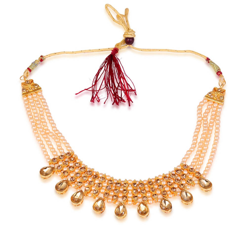 Tehzeeb Creations Golden Plated Necklace With Stone And Pearl Studded | Grocsy