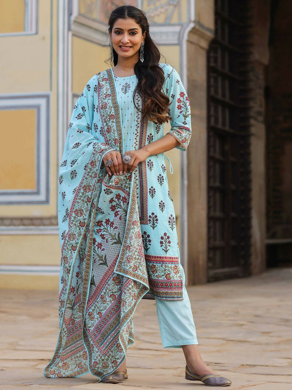 Juniper Women's Skyblue Cambric Floral Placement Printed Straight Fit Kurta Sets | Grocsy