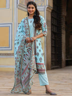 Juniper Women's Skyblue Cambric Floral Placement Printed Straight Fit Kurta Sets | Grocsy