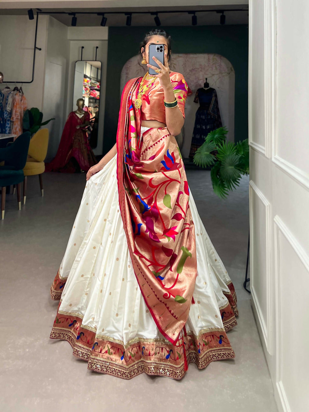 Vastranavya Perfect Classic And Contemporary Fashion Paithani Lehenga Choli - White | Grocsy