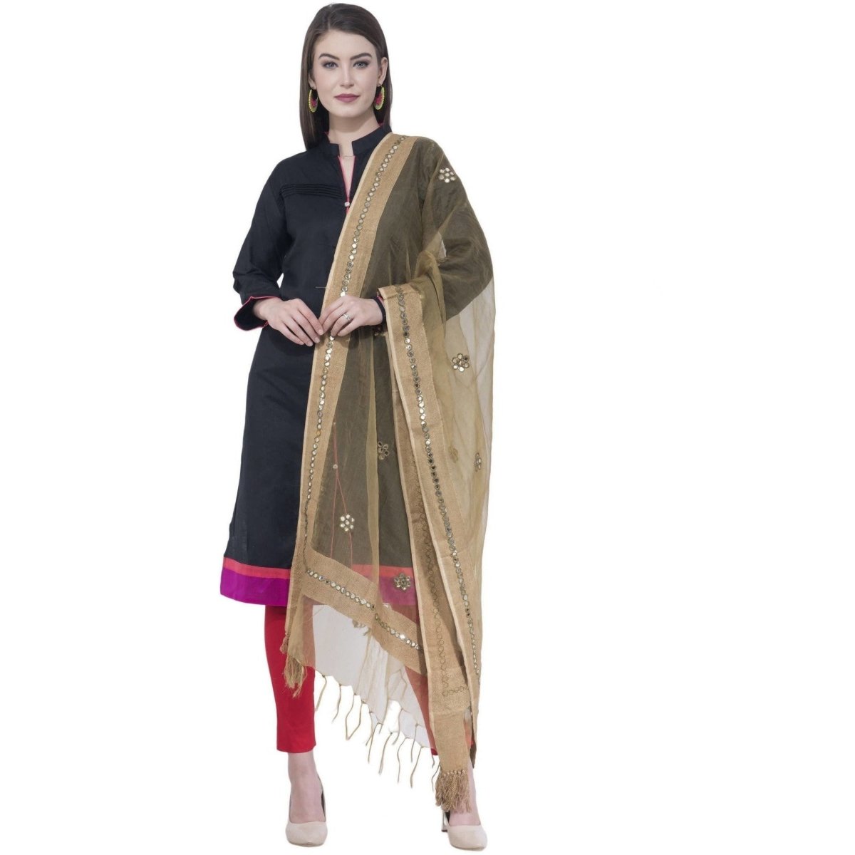 A R Silk Dark Golden Color Orgenza Flower Mirror Dupattas and Chunnis | Grocsy