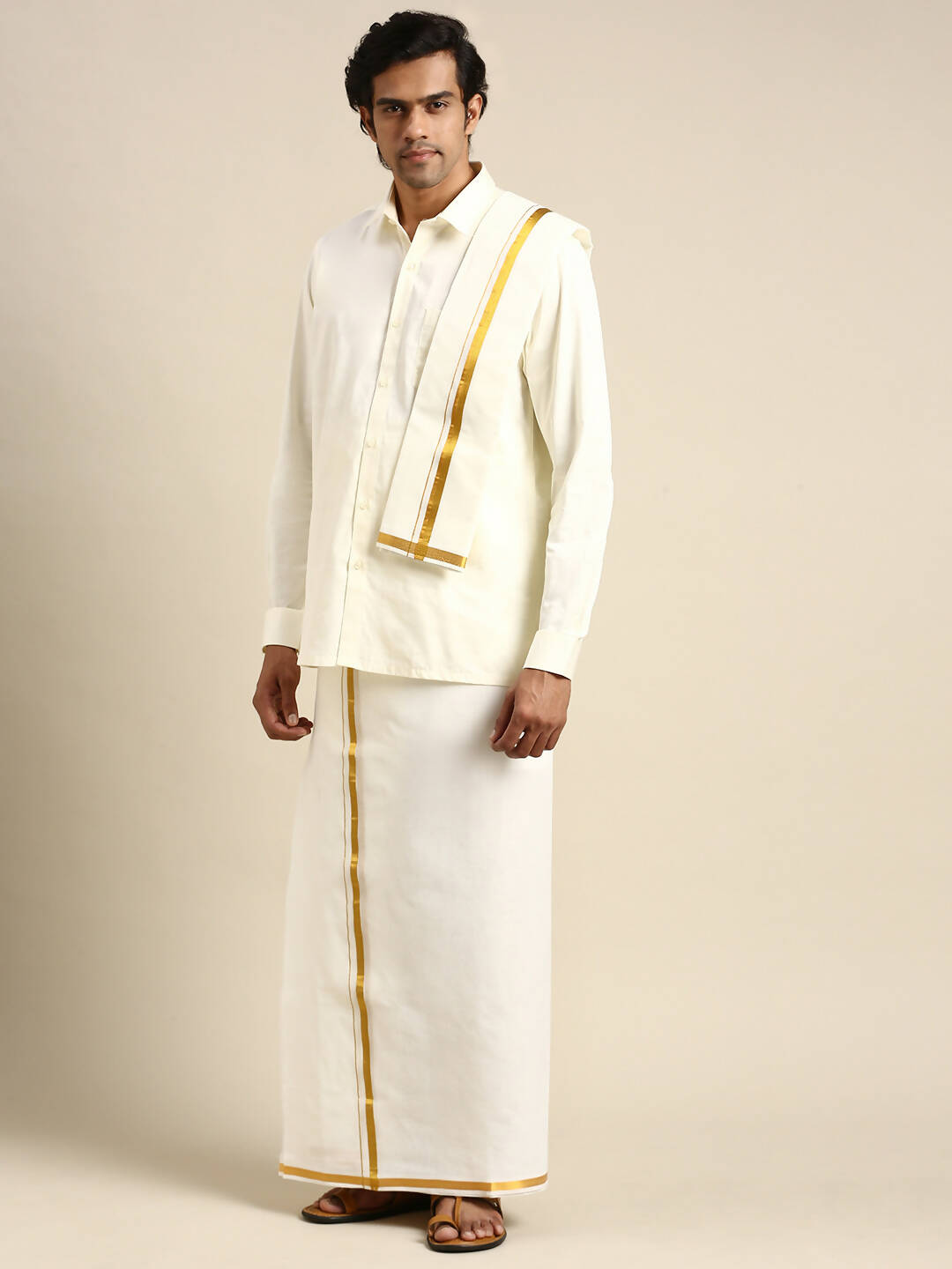 Ramraj Cotton Premium Wedding Cream Regular Dhoti, Shirt & Towel Set Golden Reward | Grocsy