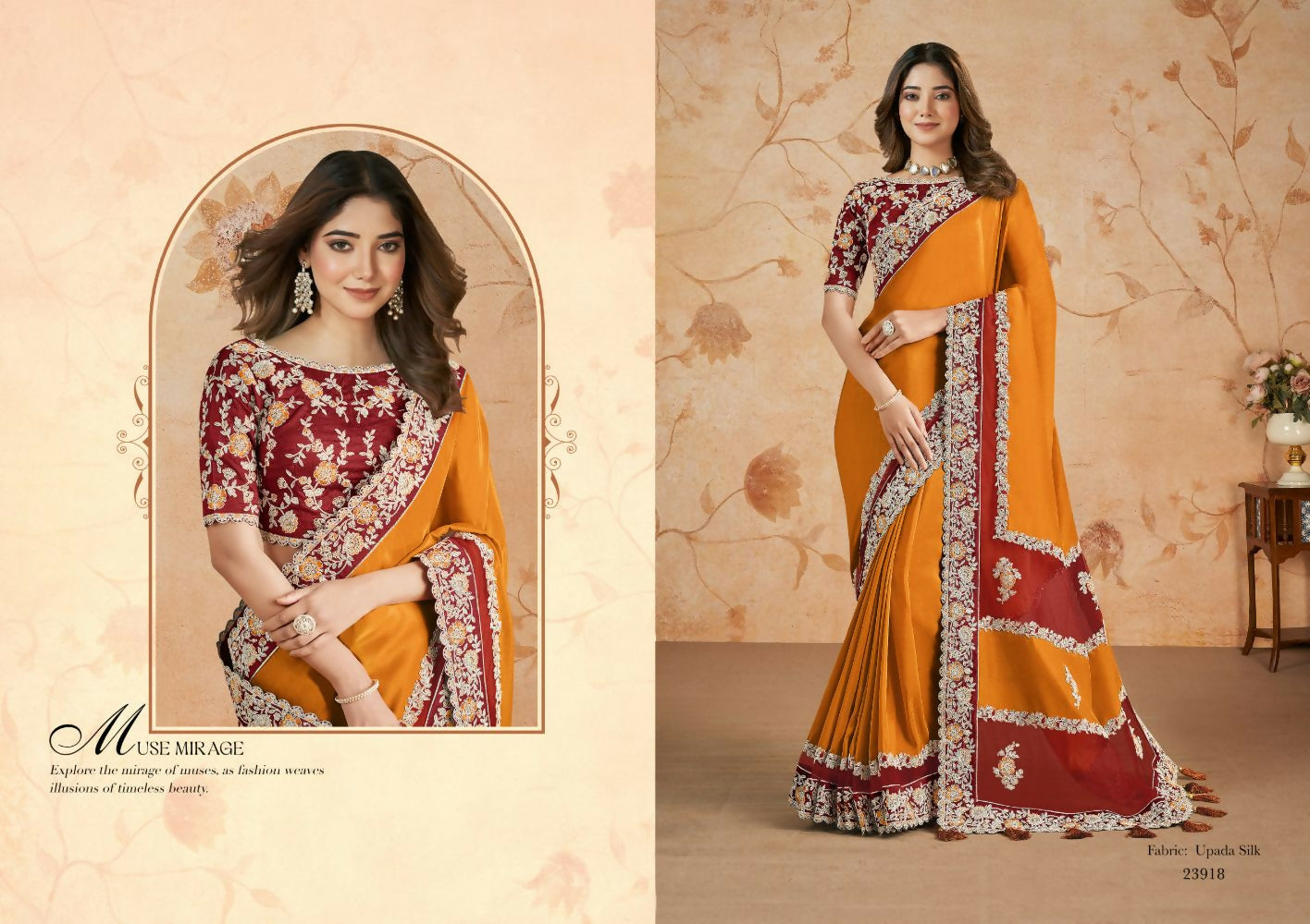 Floral Embroidery Saree with Heavy Embroidery Border - Mohmanthan Dakshika | Grocsy