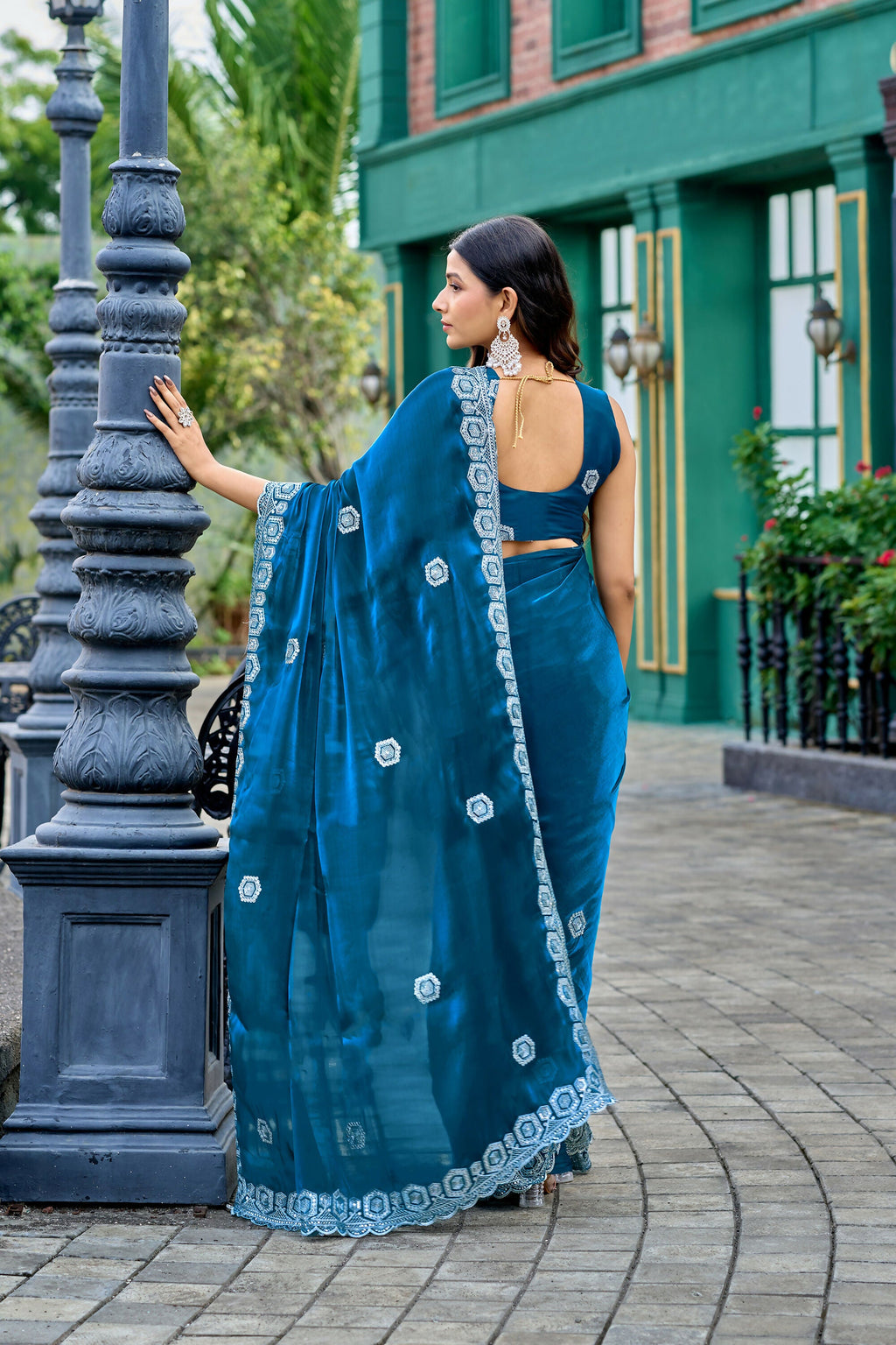 Vastranavya Teal Embroidery Work Shimmer Chiffon Saree with Unstitched Blouse | Grocsy
