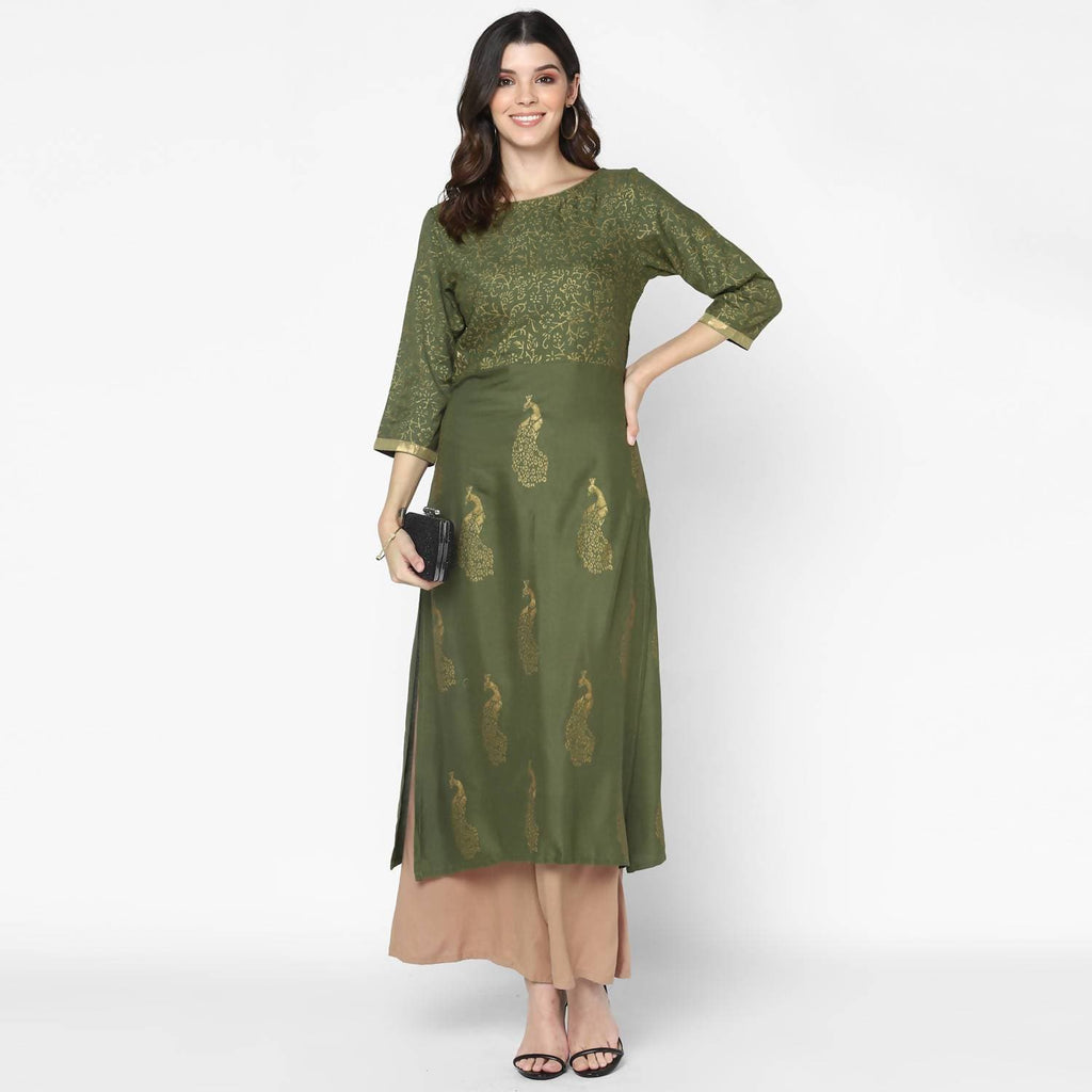 Cheera Hand Block Print Olive Green Straight Kurta (MAAI-057K) | Grocsy