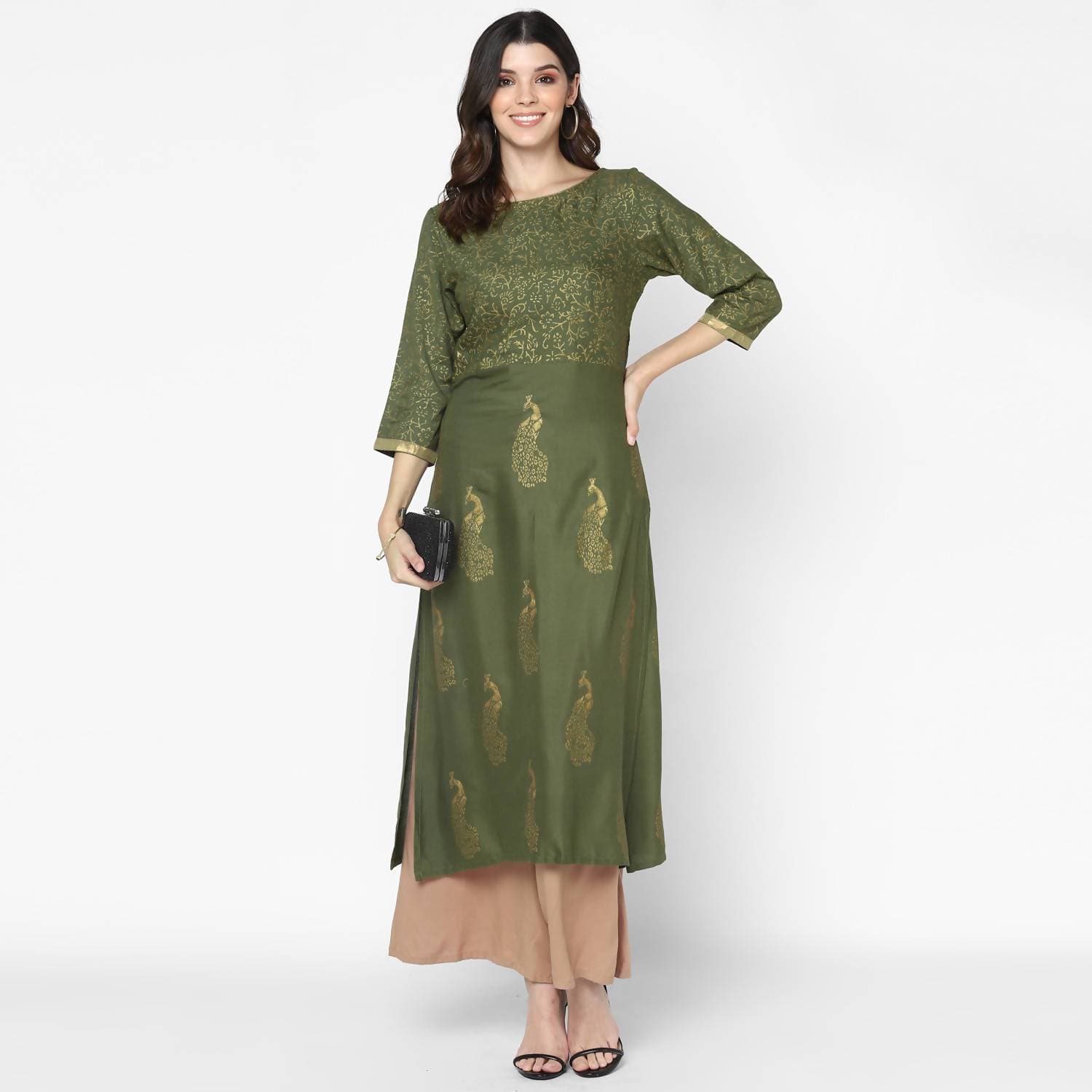 Cheera Hand Block Print Olive Green Straight Kurta (MAAI-057K) | Grocsy
