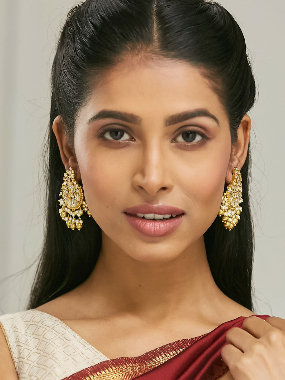 Nuyug 22K Gold-Plated Kundan Stone Studded & Pearl Drop Beaded Crescent Shaped Chandbalis | Grocsy