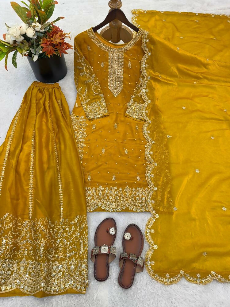 Teeya Creation Yellow Color Fendy Silk Embroidery Work Wedding Wear Salwar Suit | Grocsy