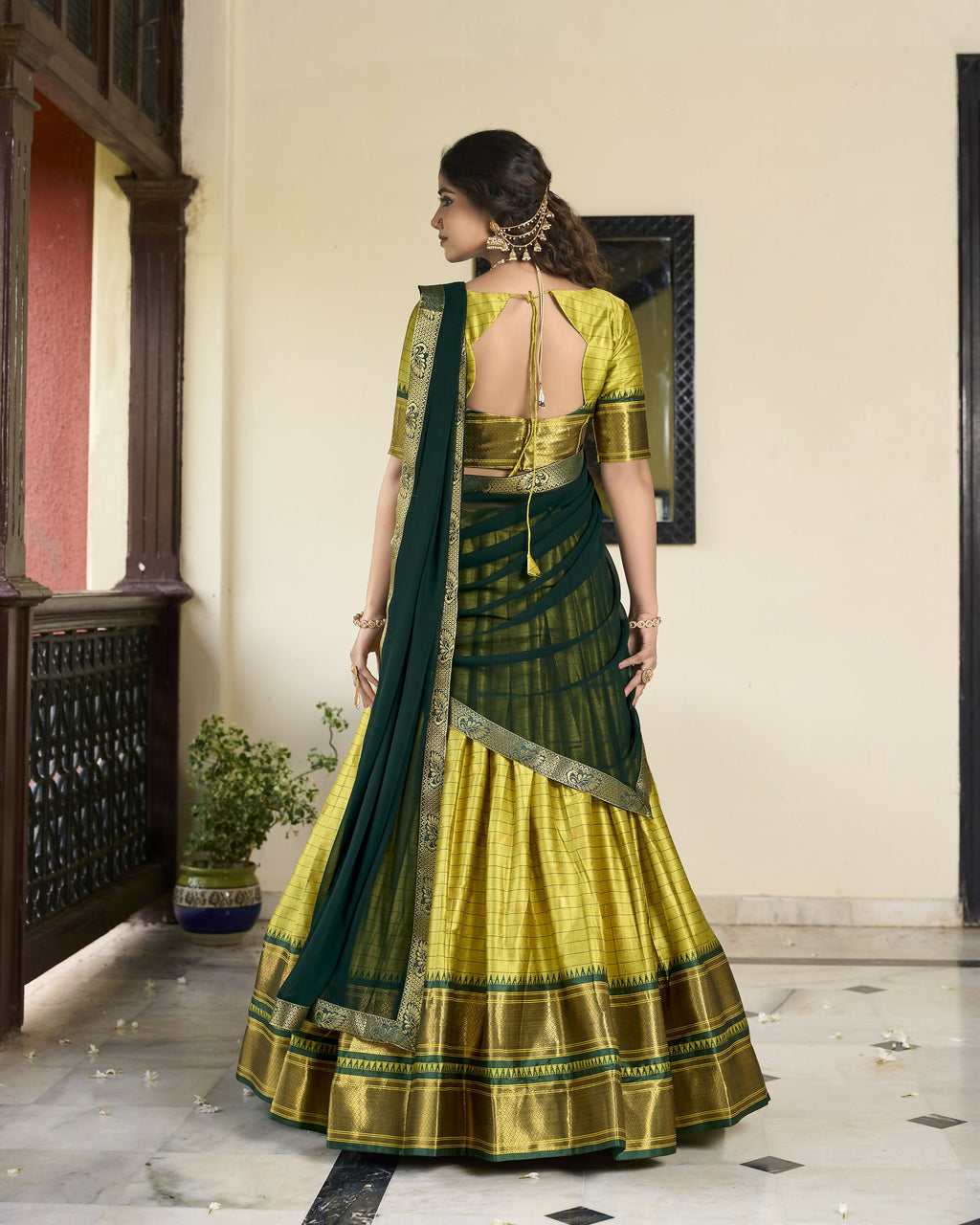 Lorenvalley Parrotgreen Cotton Silk Weaving Work With Paithani Concept Lehenga Choli | Grocsy