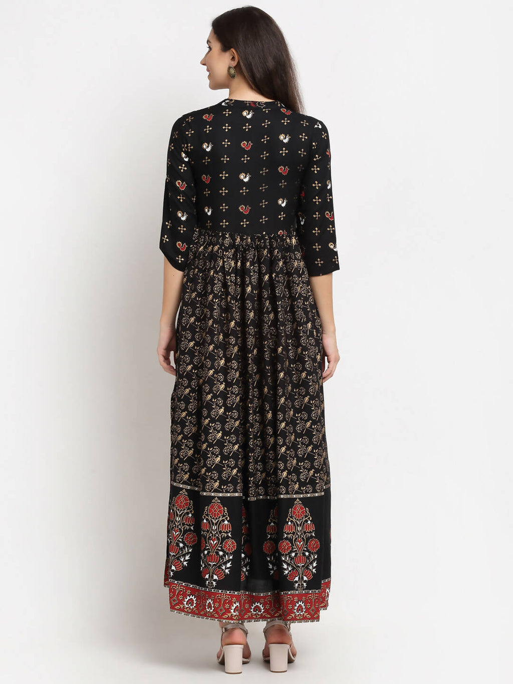Rudra Bazaar Floral Printed A-Line Flared Black Kurti | Grocsy