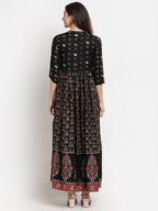 Rudra Bazaar Floral Printed A-Line Flared Black Kurti | Grocsy