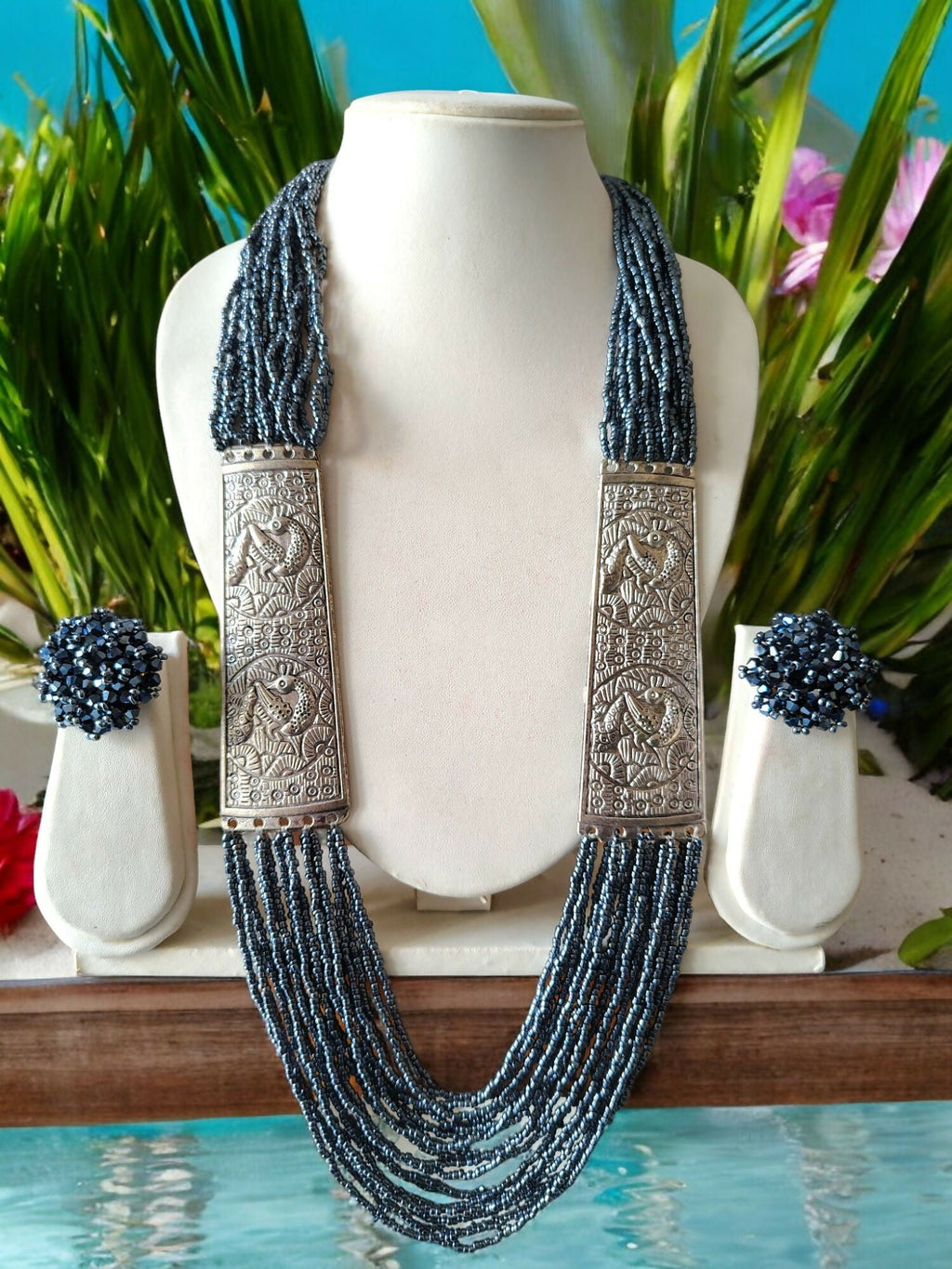 Inhanns Saree Shobha Statement Necklace & Earring Set - Navy Blue | Grocsy