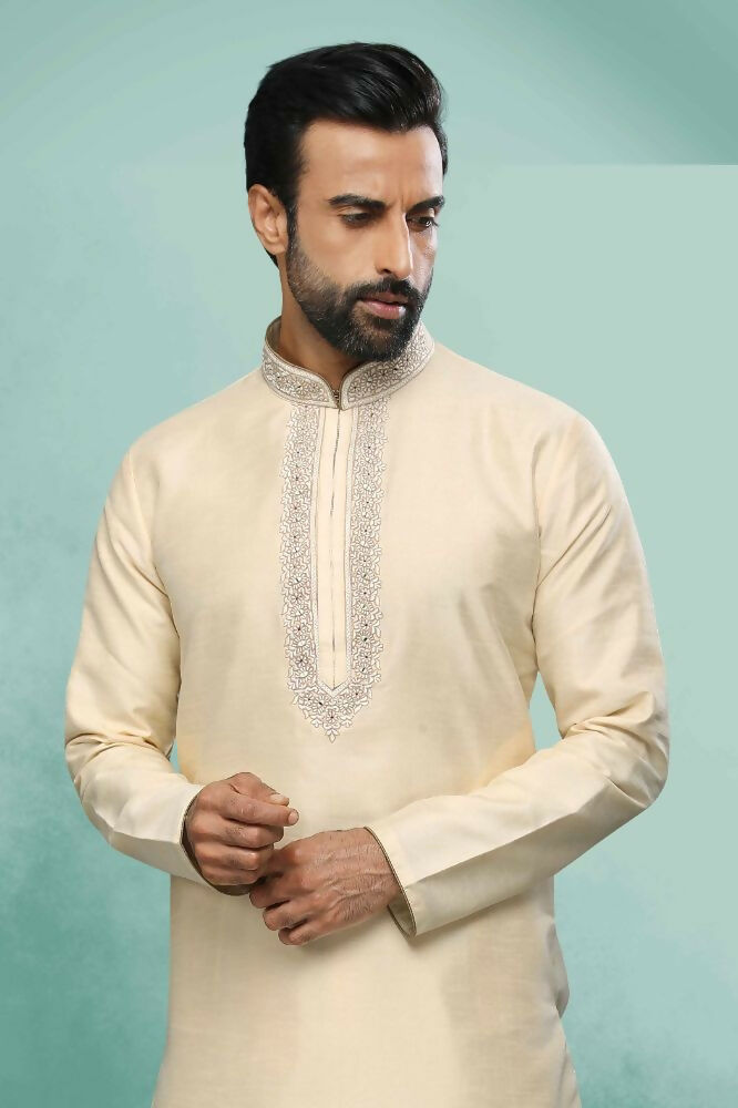 Raivat Ethnic Art Silk Mirror Embroidery Work Kurta Pajama In Cream Colour | Grocsy