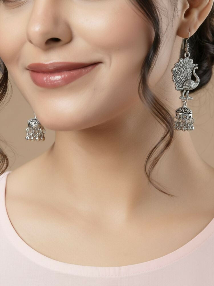 NVR Women Peacock Design German Silver Oxidised Jhumka Earrings | Grocsy