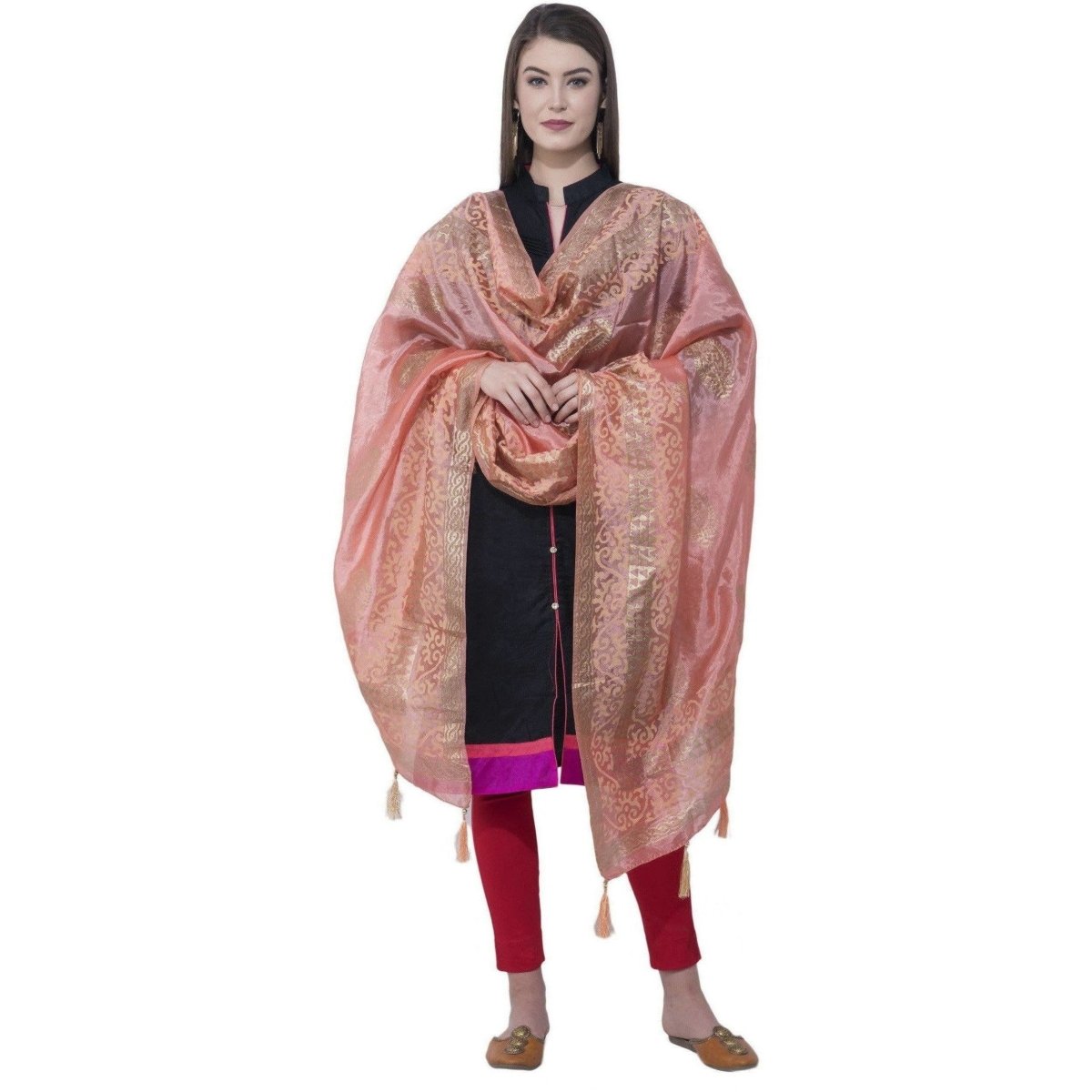 A R Silk Peach Color Silk Pahadi Print Dupattas and Chunnis | Grocsy