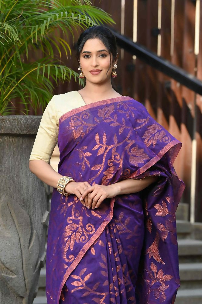 Beatitude Purple Cotton Floral Jamdani Saree | Grocsy