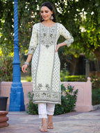 Juniper Women's Green Rayon Staple Kalamkari Floral Placement Printed Kurta | Grocsy