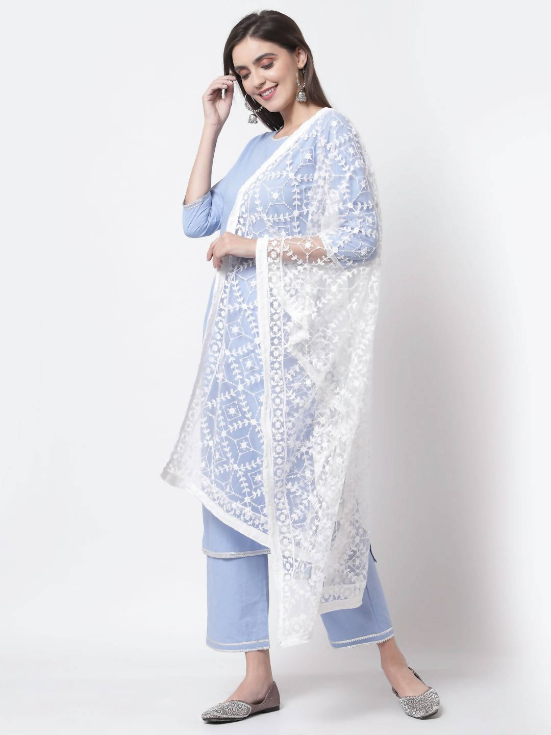 Myshka Blue Cotton 3/4 Sleeve Round Neck Solid Casual Kurta Pant Dupatta Set | Grocsy