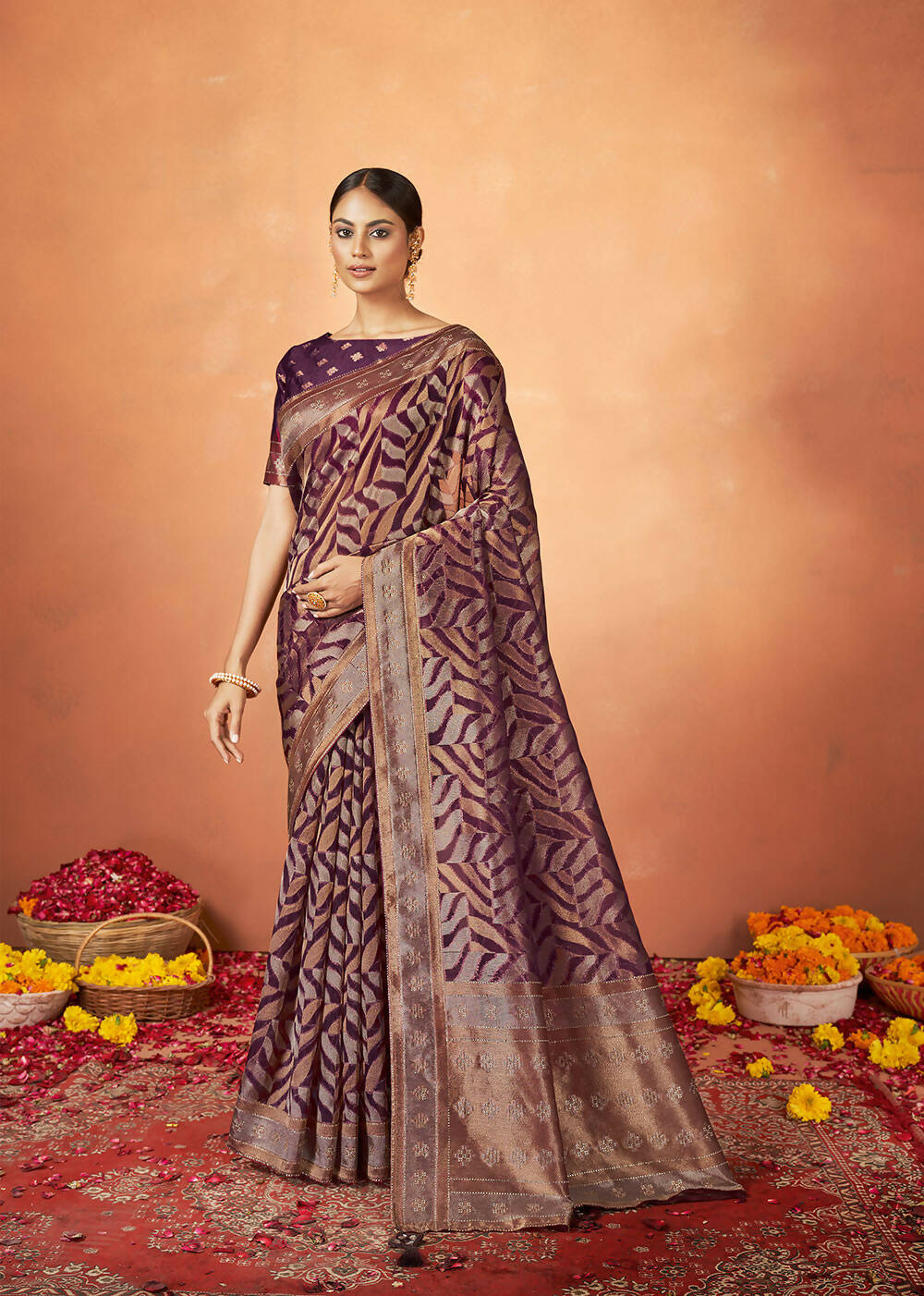 Maroon Organza Silk Woven Design Saree With Unstitched Blouse Piece - Norita Royal Pradha | Grocsy