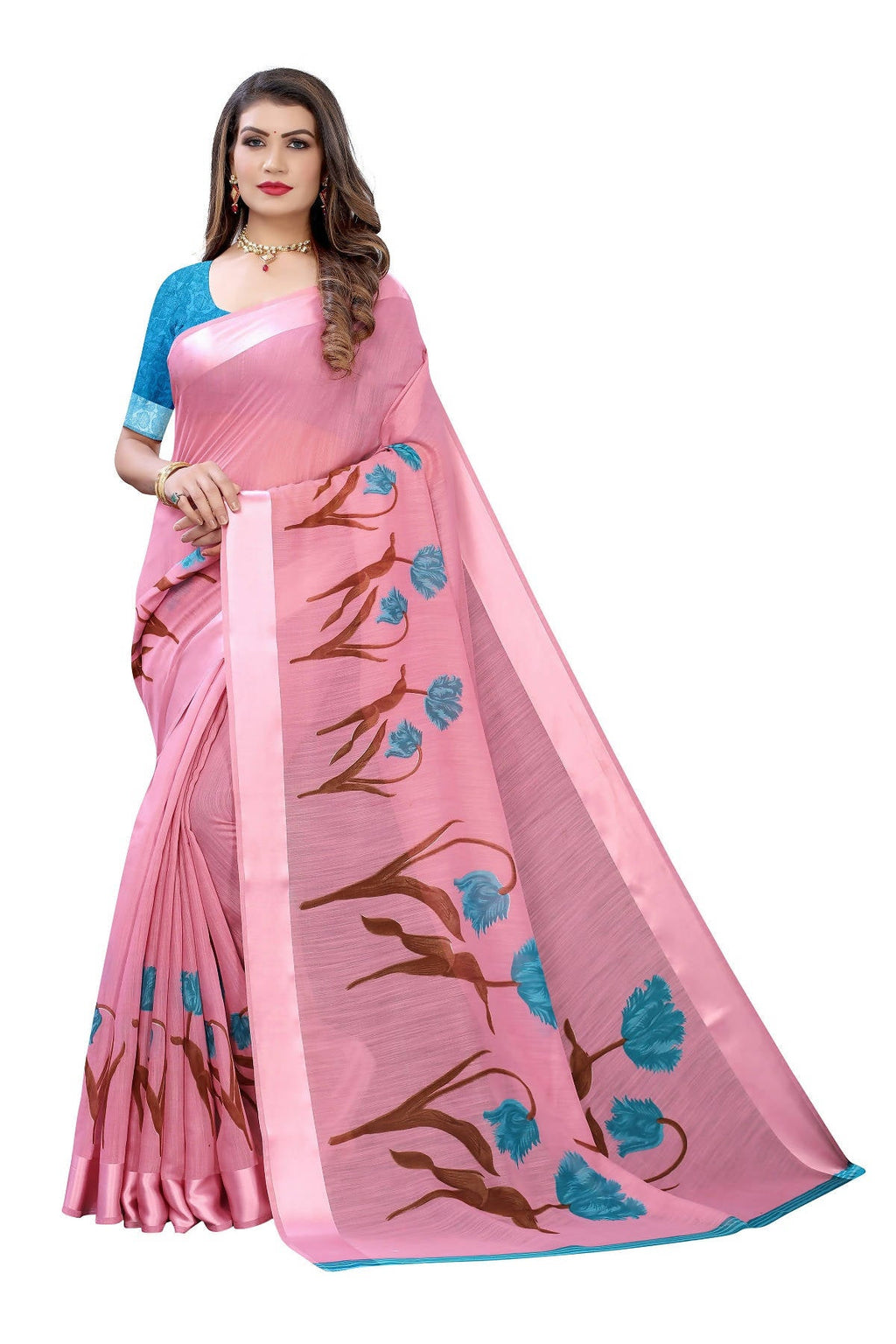 Vamika Pink Linen Satin Patta Saree (VANI PINK) | Grocsy