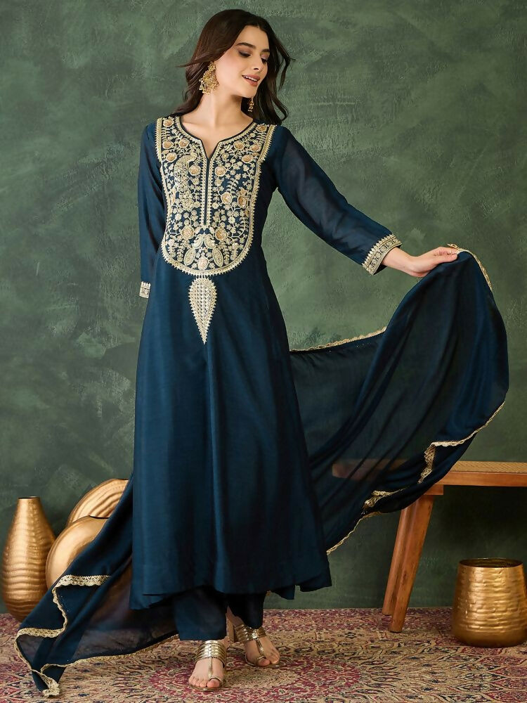 The52 Women's Beautiful Embroidery Work Vichitra Silk Fabric Flared Kurta Pant and Dupatta Set | Grocsy
