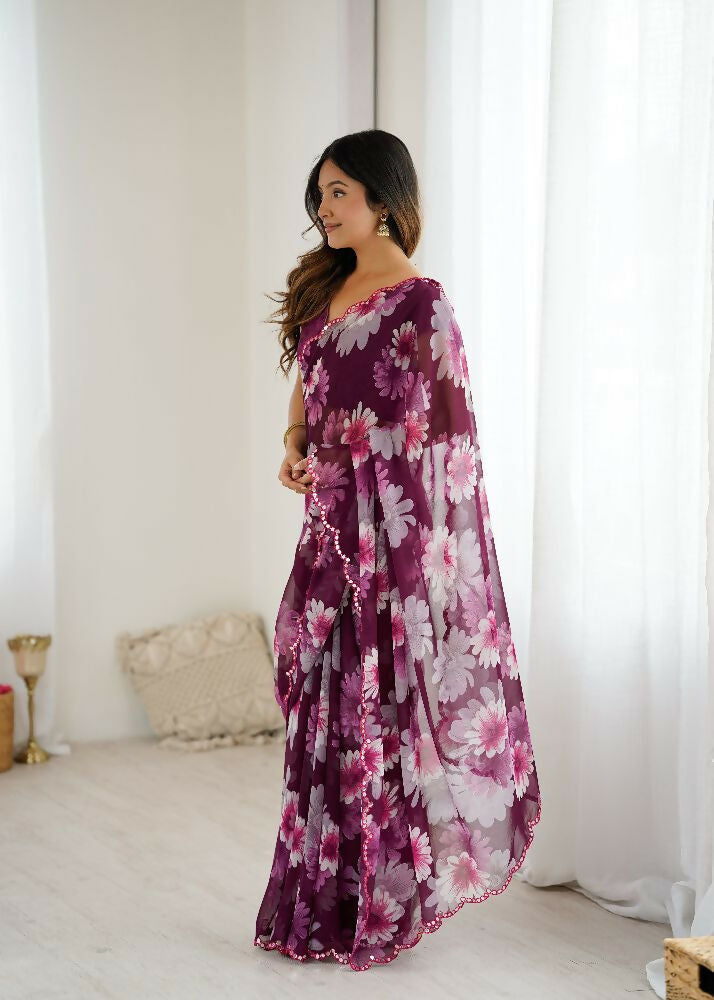 PR Fashion Purple Georgette Printed With Mirror Work Saree | Grocsy