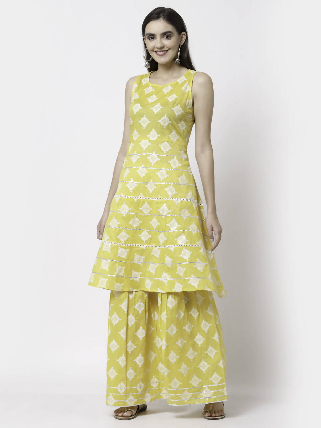 Myshka Yellow Pure Cotton Printed Sleeveless Round Neck Kurta Palazzo Dupatta Set | Grocsy