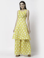 Myshka Yellow Pure Cotton Printed Sleeveless Round Neck Kurta Palazzo Dupatta Set | Grocsy