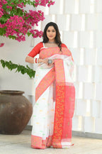 Beatitude White Slub Cotton Floral Jamdani Saree | Grocsy