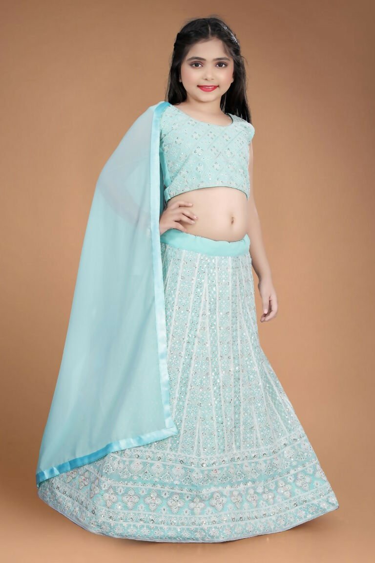 Wedding Designer Sky Heavy Fox Georgette Kidswear Lehenga - Aaradhna | Grocsy