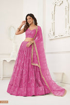 Eilara Pink Thread Sequin Embroidered Net Lehenga Set | Grocsy