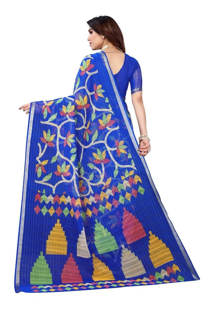 Vamika Blue Linen Zari Border Saree | Grocsy