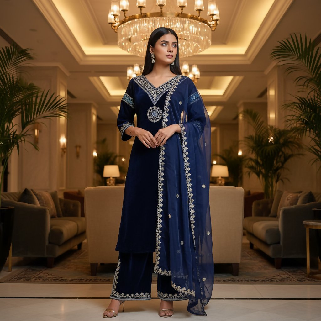 Teeya Creation Blue Color Velvet Designer Embroidery Work party Wear Suit | Grocsy