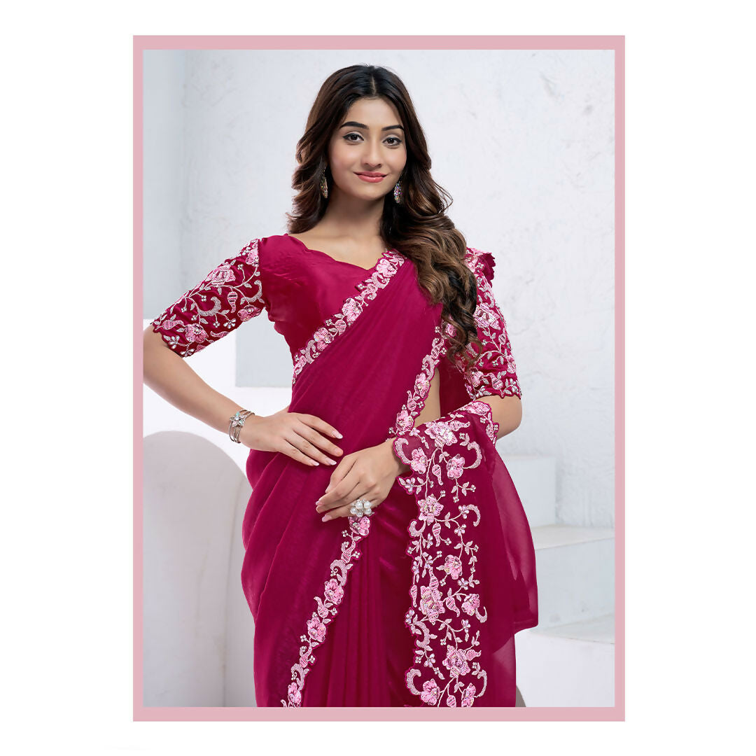 Pink Crepe Shimmer Silk Dual Sequence With Hand Work Saree With Unstitched Blouse - Norita Swaraa | Grocsy