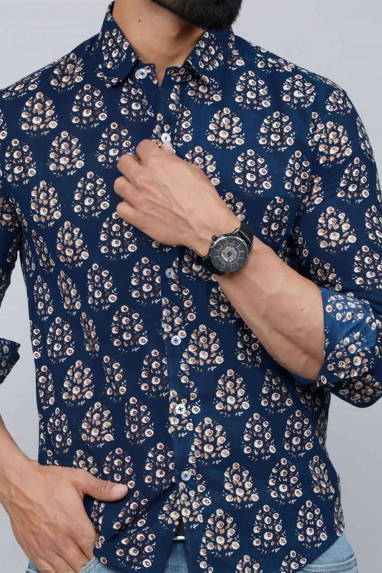 Miravan Men's Blue Floral Print Full Sleeve Casual Shirt | Grocsy