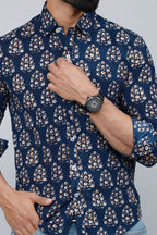 Miravan Men's Blue Floral Print Full Sleeve Casual Shirt | Grocsy