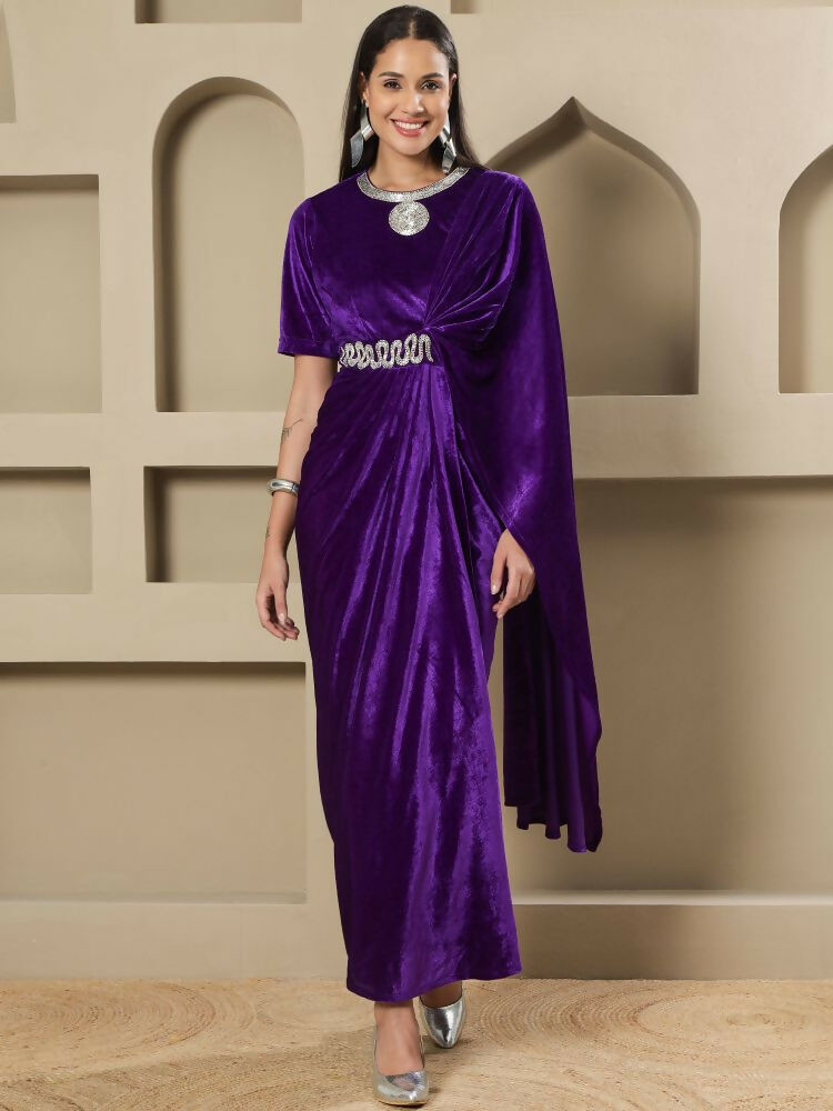 Joban Fashion Women Purple Velvet Hand Embellishment Stitched Dress | Grocsy