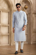 Raivat Ethnic Banarasi Art Silk Mirror Work Kurta Pajama In Sky Blue Colour | Grocsy