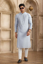 Raivat Ethnic Banarasi Art Silk Mirror Work Kurta Pajama In Sky Blue Colour | Grocsy