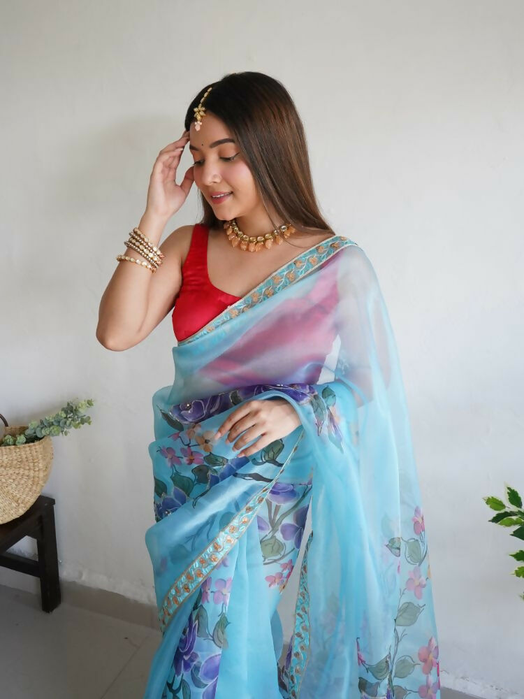 Vamsee Nilam Sky Organza Saree | Grocsy