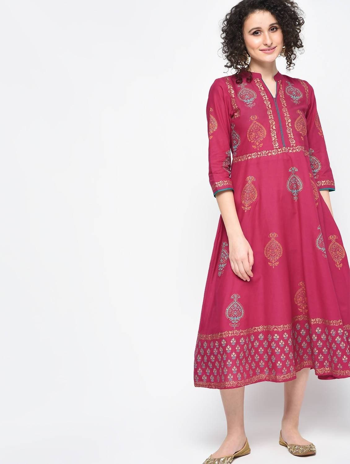 Cheera Hand Block Print Maroon Color Anarkali Kurta | Grocsy