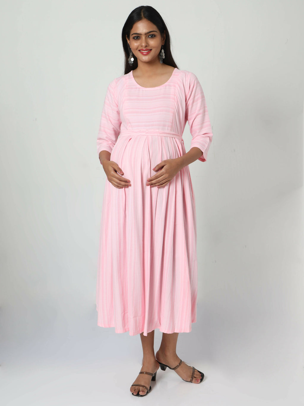 Manet Three Fourth Maternity Dress Striped With Concealed Zipper Nursing Access - Pink | Grocsy
