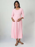 Manet Three Fourth Maternity Dress Striped With Concealed Zipper Nursing Access - Pink | Grocsy