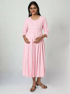 Manet Three Fourth Maternity Dress Striped With Concealed Zipper Nursing Access - Pink | Grocsy