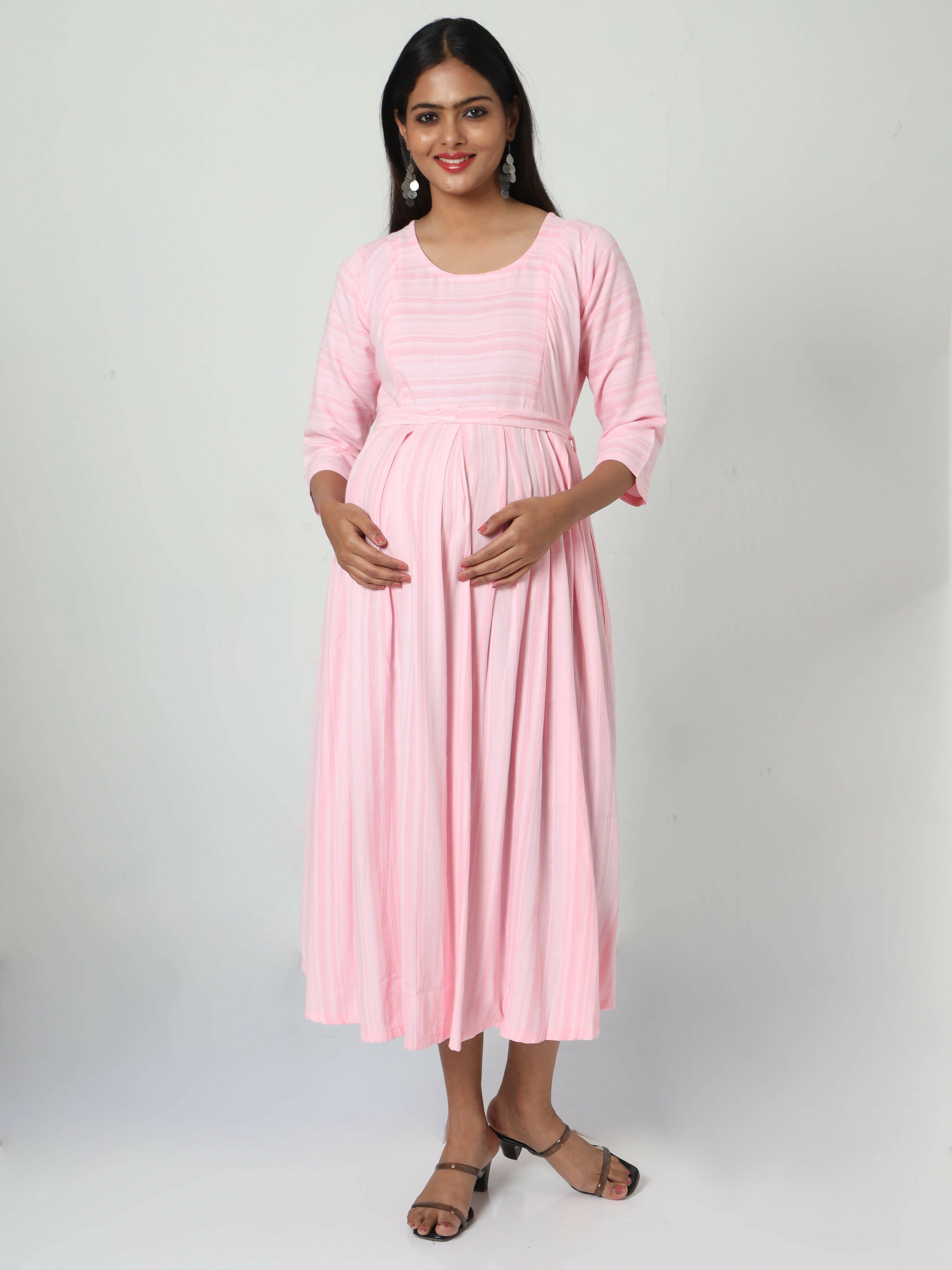 Manet Three Fourth Maternity Dress Striped With Concealed Zipper Nursing Access - Pink | Grocsy