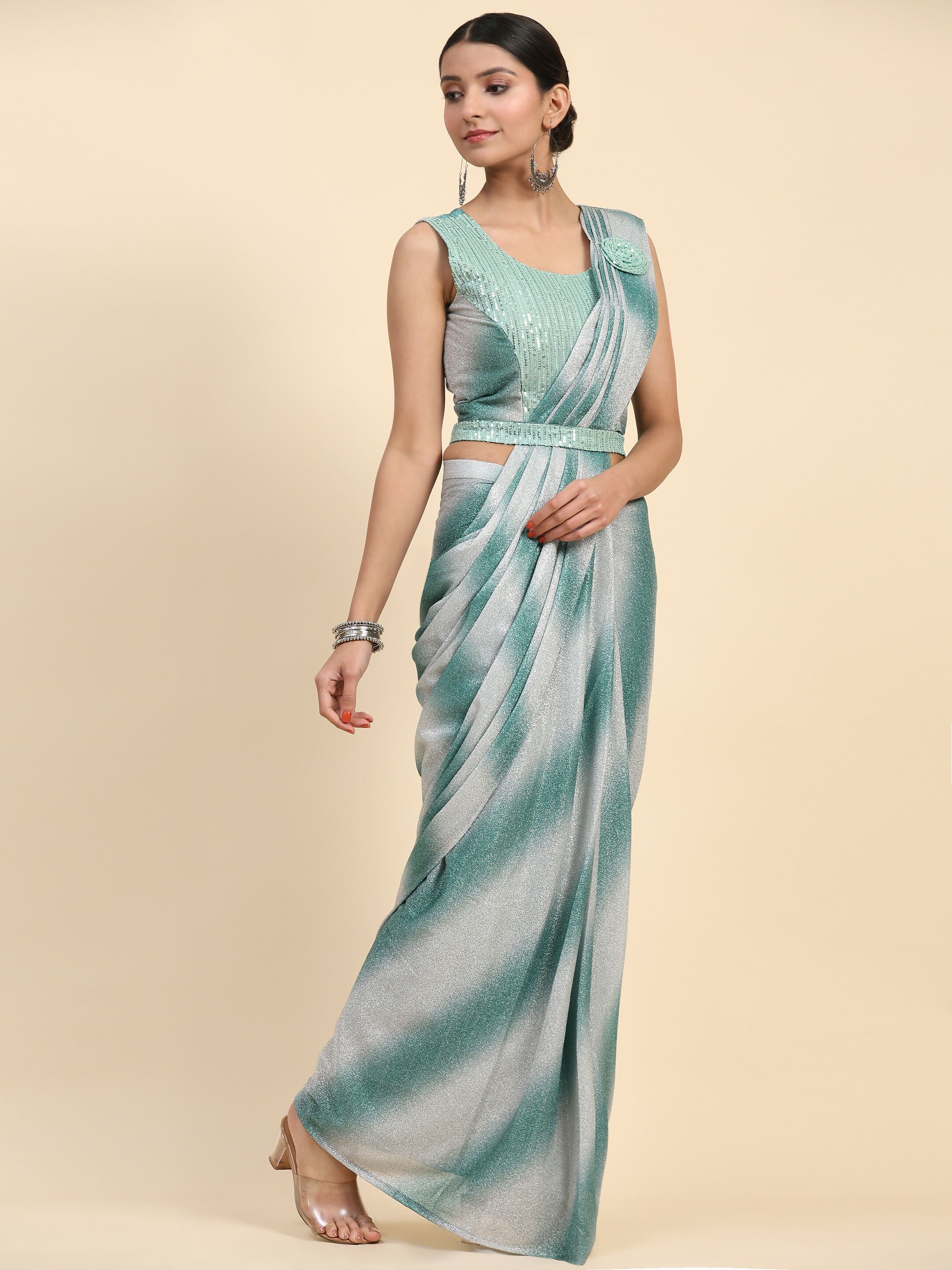 Sea Green Polyester Solid Ready to Wear Saree with stitched Blouse - Aayan | Grocsy