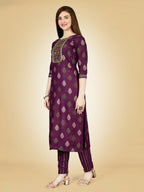 Jyoti Fashion Women's Wine Viscose Rayon Embroidered Kurta Pant Set | Grocsy